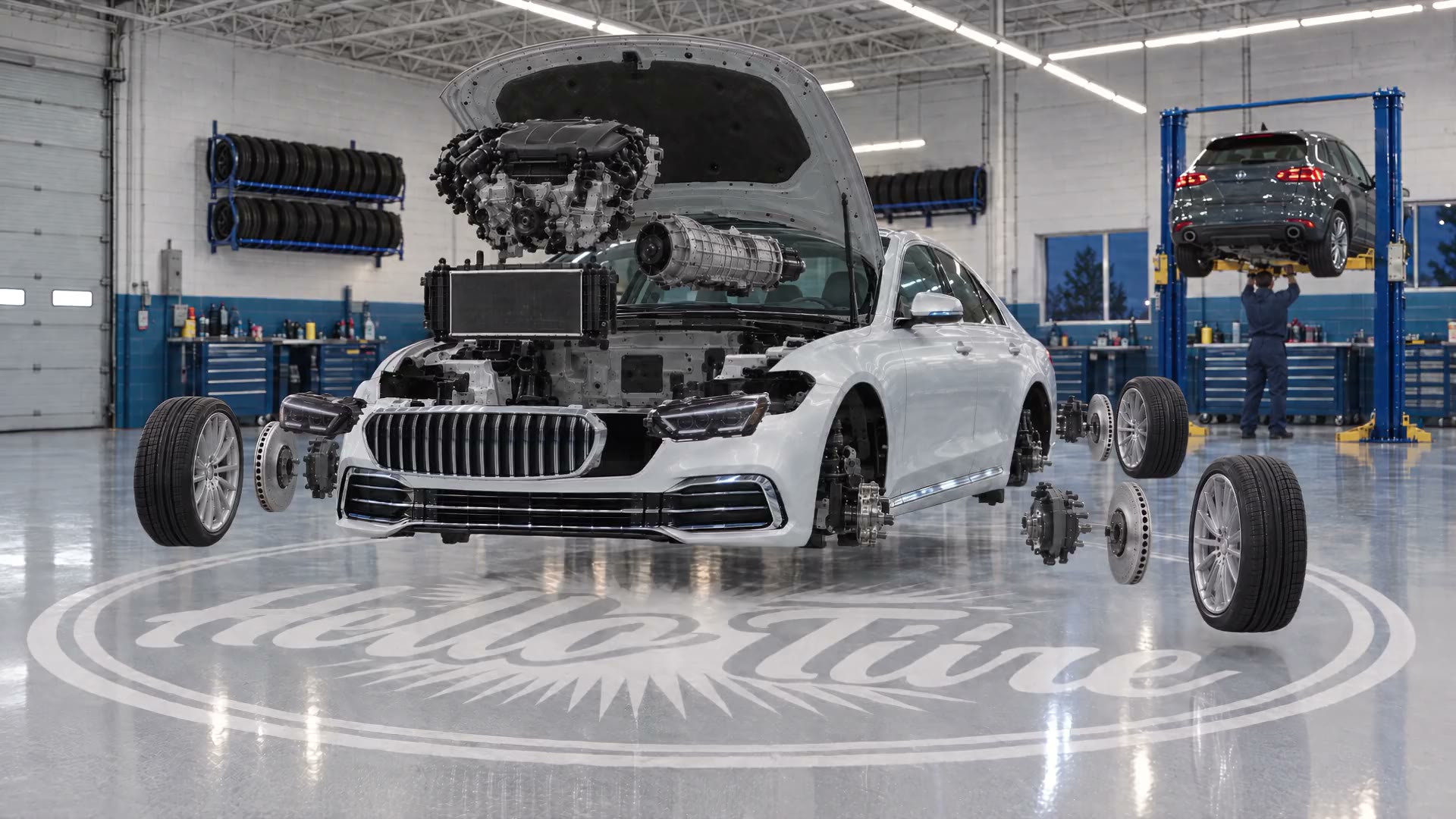 A white sedan taken apart in the Hello Tire service bay, hood open, with its radiator, engine, transmission, brakes and wheels laid out around it