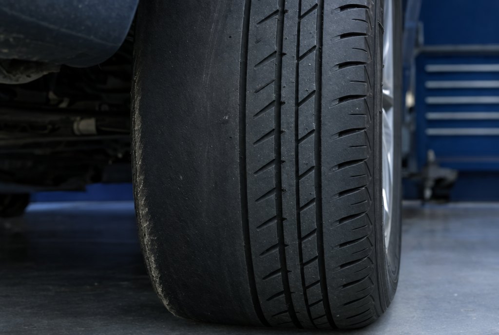 A tire on a car with its inside edge worn smooth while the rest of the tread still has deep grooves