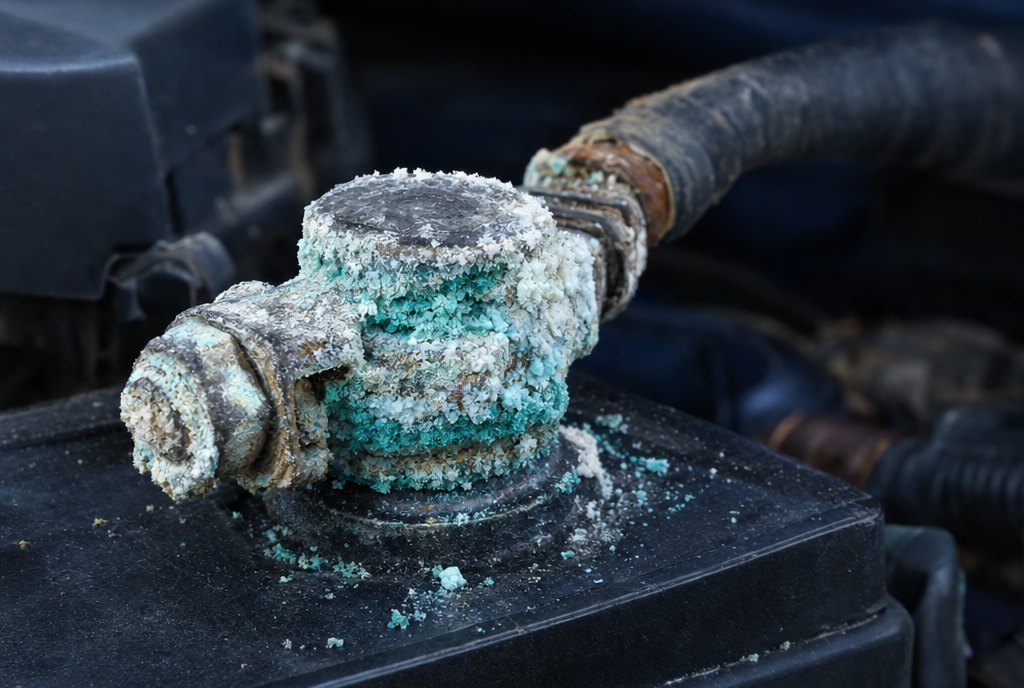 A car battery terminal crusted with white and blue-green corrosion