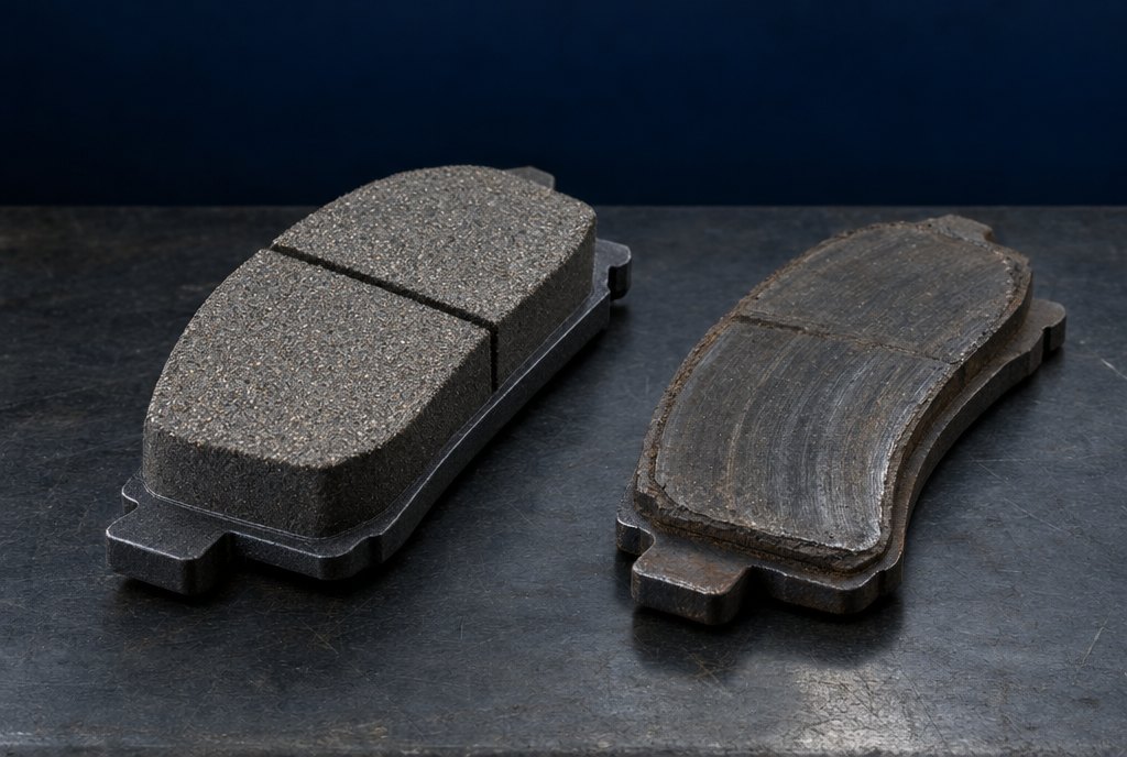 A new brake pad with thick friction material next to a worn pad ground down almost to its steel backing plate