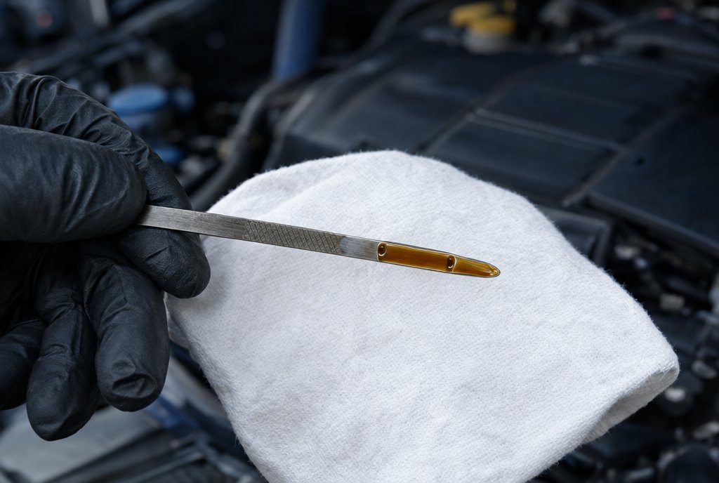 A gloved hand holding an engine oil dipstick with clean amber oil on its tip over a white shop towel