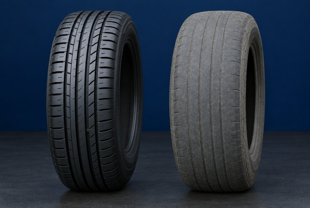 A new tire with deep tread grooves next to an old, worn tire with shallow tread and cracked rubber