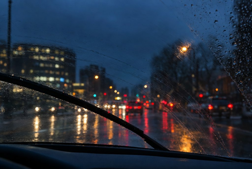 A rainy windshield at night with streaks and missed bands of water left by a worn wiper blade